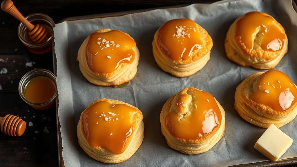 Golden honey-glazed scones on a wire rack showing flaky layers and amber glaze