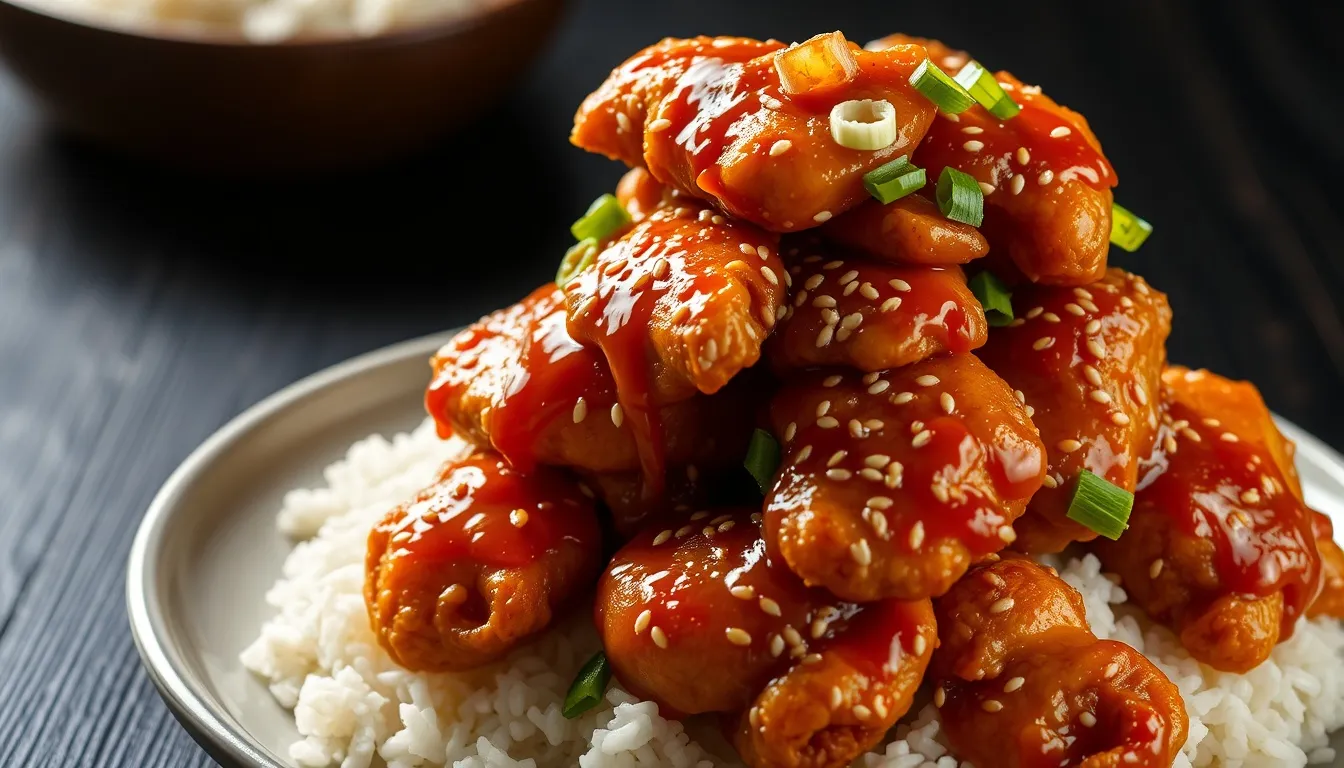 Crispy honey sesame chicken with glossy glaze over jasmine rice topped with sesame seeds and green onions