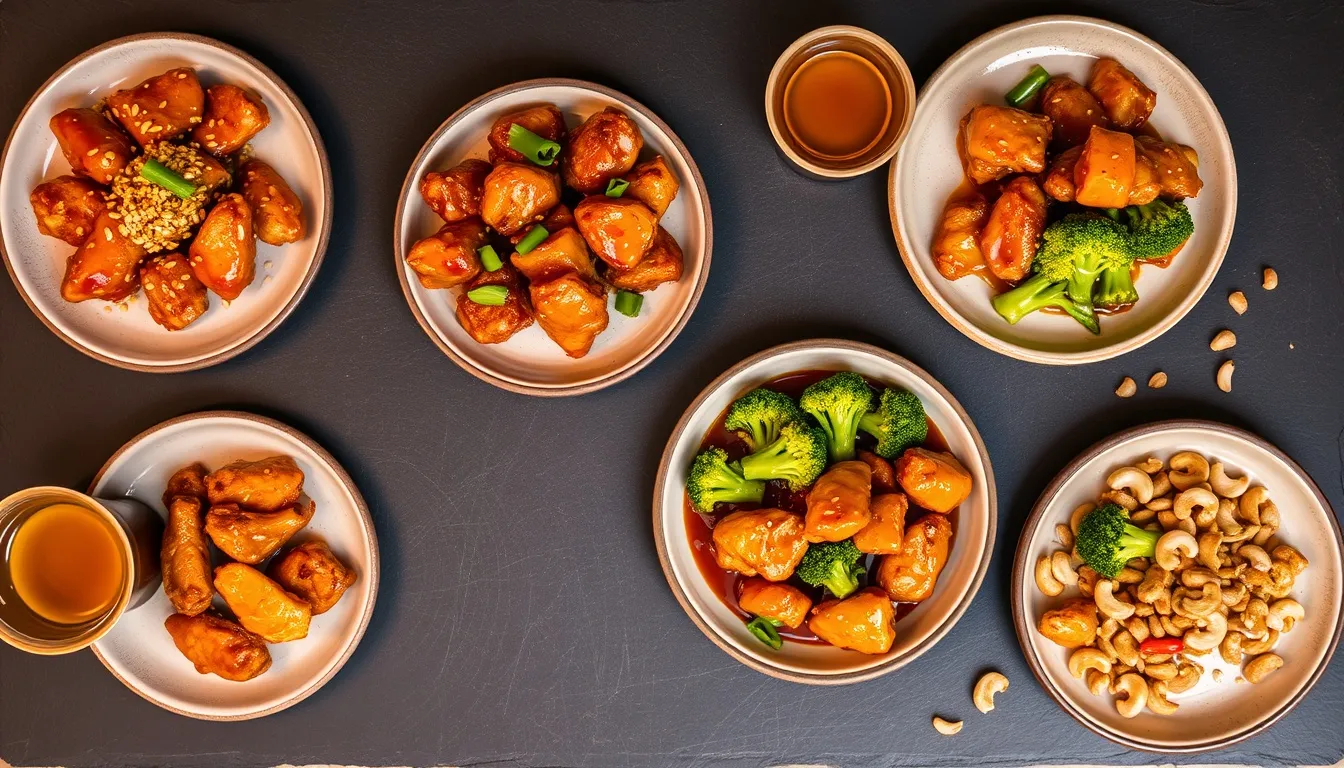 Five honey sesame chicken variations including spicy, orange, broccoli, and cashew styles on individual plates