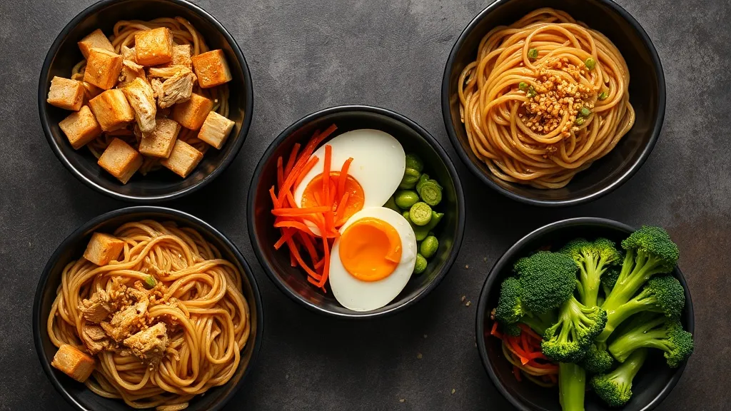 Five dark ceramic noodle bowls showing honey sesame noodles with different add-ins: crispy tofu, shredded chicken, soft-boiled egg, edamame and carrots, and broccoli florets