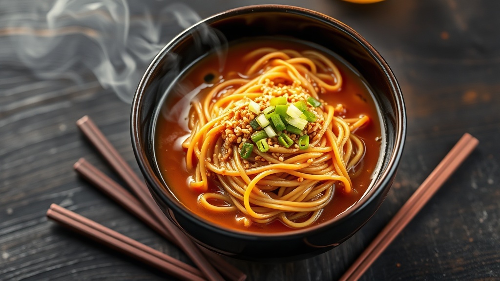 Deep ramen bowl filled with glossy honey sesame lo mein noodles coated in sticky amber sauce, topped with toasted sesame seeds and sliced green onions