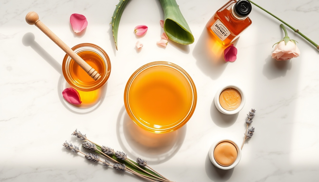 Honey skincare flat lay: raw honey bowl, Manuka jar, rose hip oil, aloe vera, and dried lavender on white marble