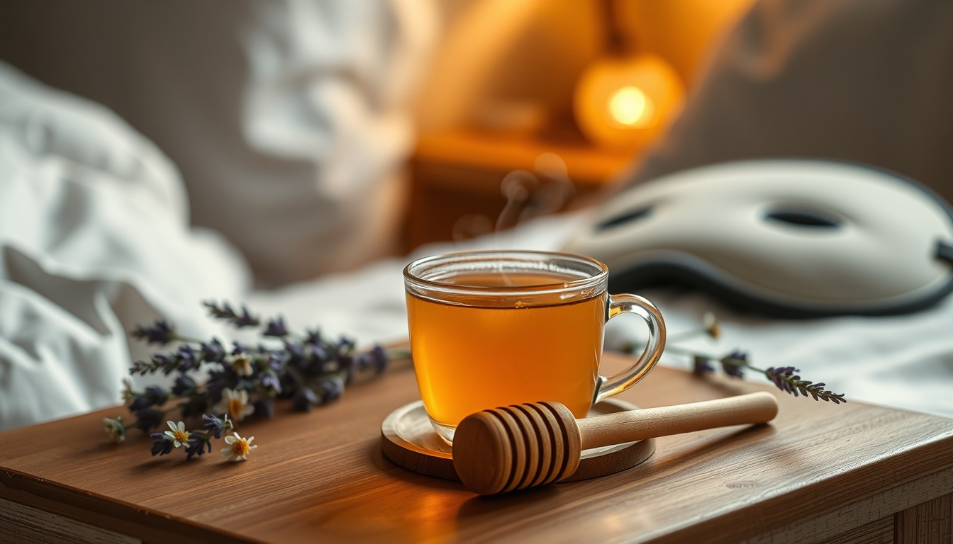Cozy bedtime: steaming golden honey chamomile tea on a wooden bedside table beside a jar of raw honey with wooden dipper, soft lamp glow, lavender sprigs and sleep mask in soft focus