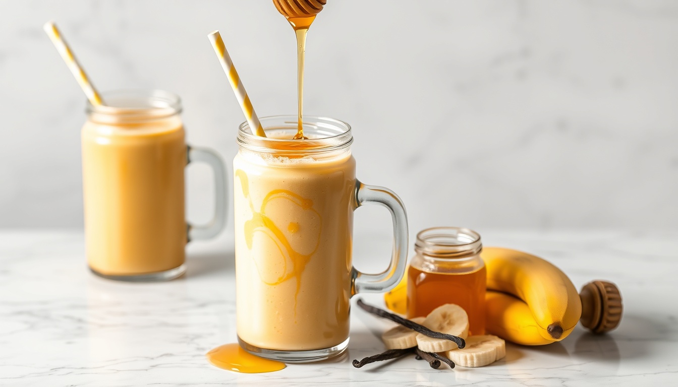 Classic honey smoothie in a clear mason jar glass with golden honey drizzle, fresh banana slices, and vanilla bean on bright marble