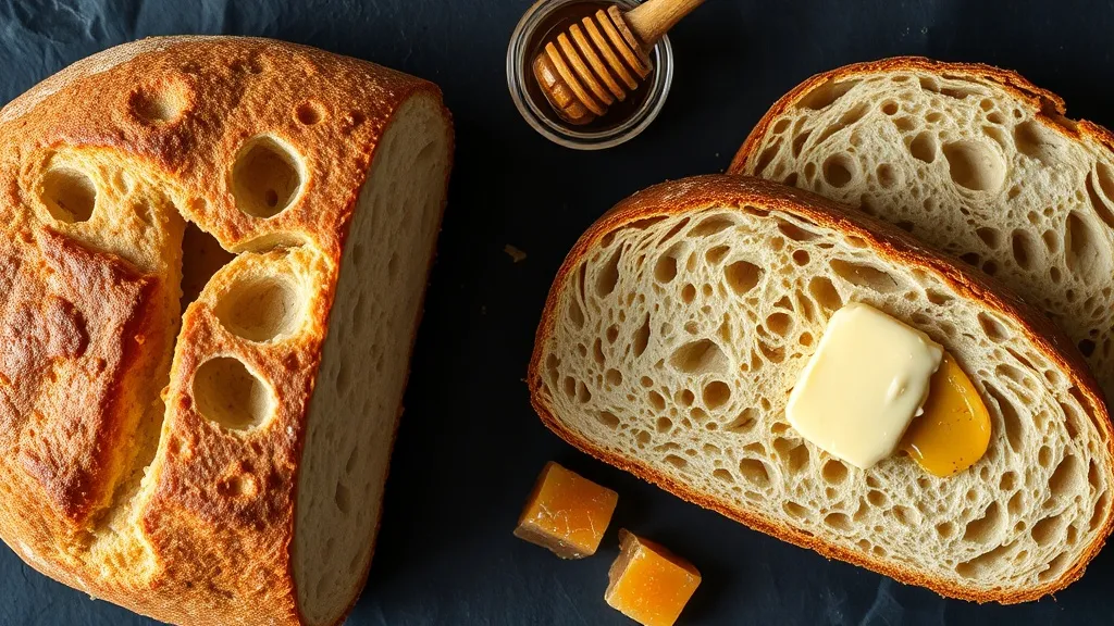 Honey sourdough loaf sliced open showing open crumb with glossy cell walls, jar of raw honey with honeycomb on dark slate