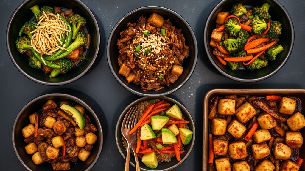 Five bowls of honey soy beef and broccoli variations: sesame ginger, Mongolian beef, spicy Szechuan, grain bowl, and sheet pan style