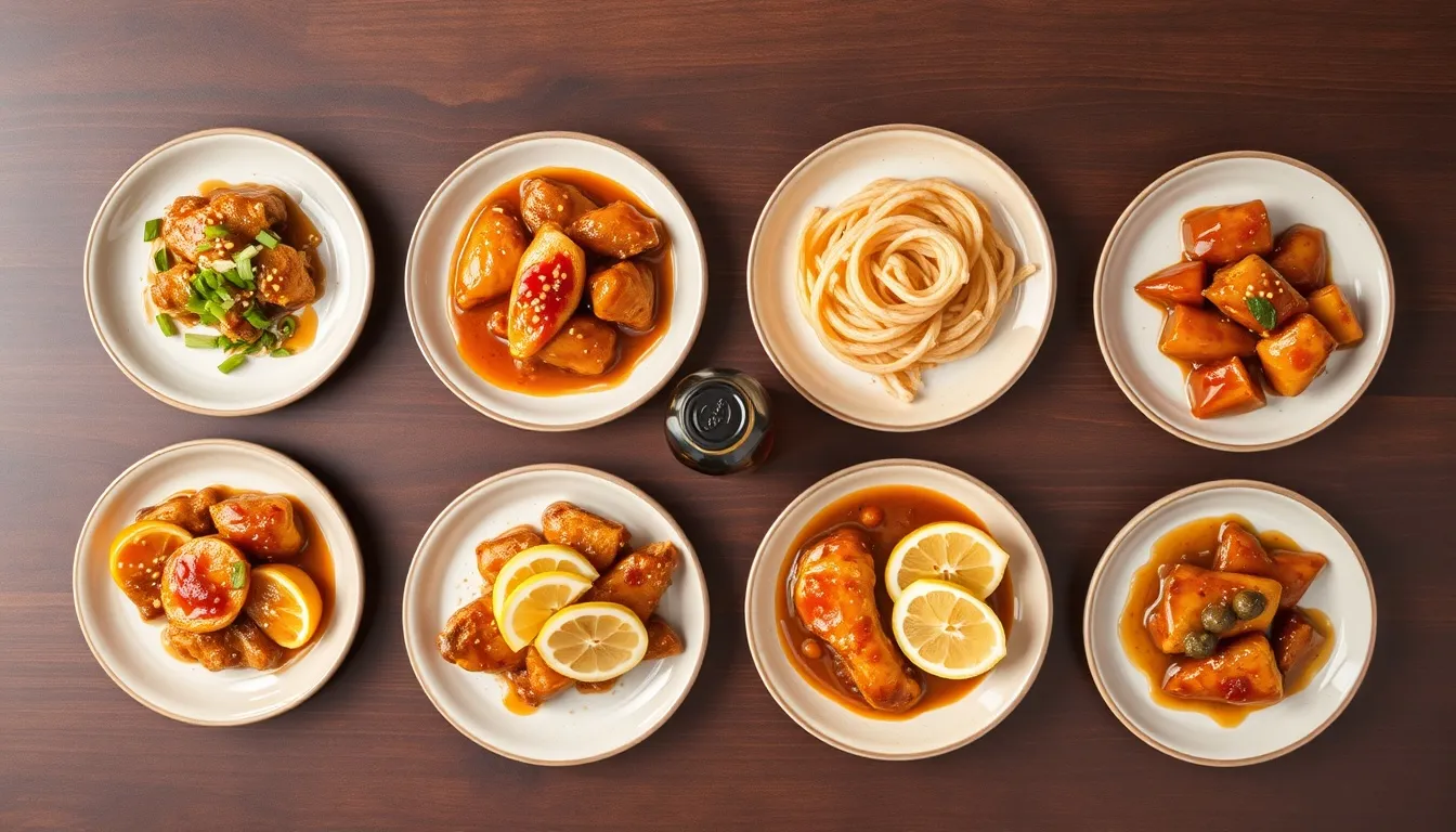 Five honey soy chicken flavor variations including garlic, spicy sriracha, ginger, citrus, and five-spice on individual plates