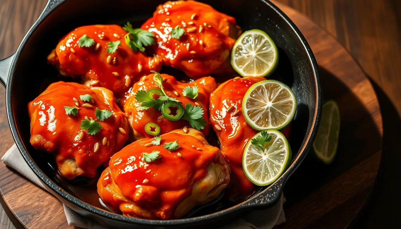 Honey sriracha glazed chicken in cast iron skillet with caramelized reddish-amber glaze, sesame seeds and lime