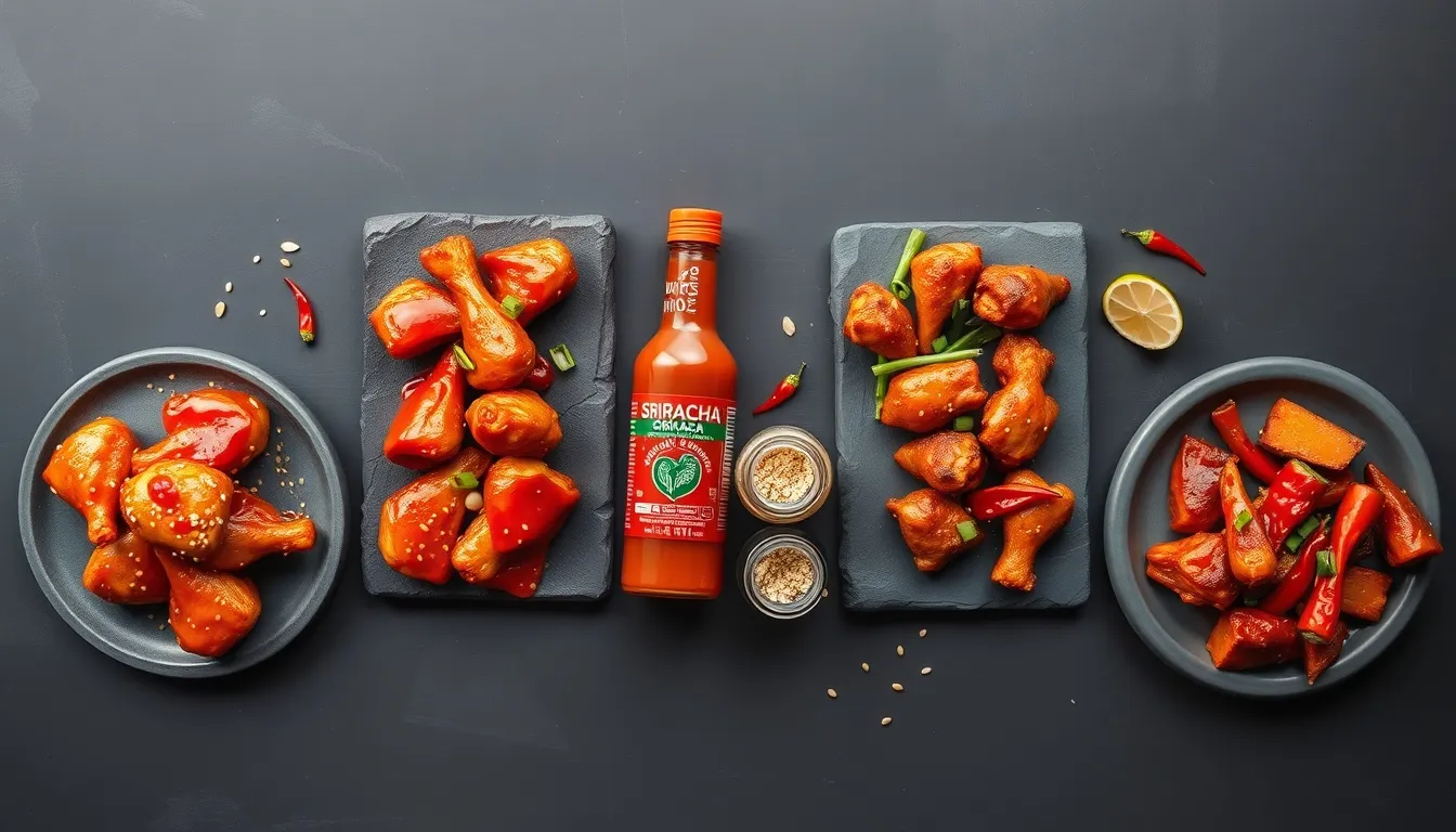 Four honey sriracha chicken variations showing classic, ginger, garlic, and extra hot styles