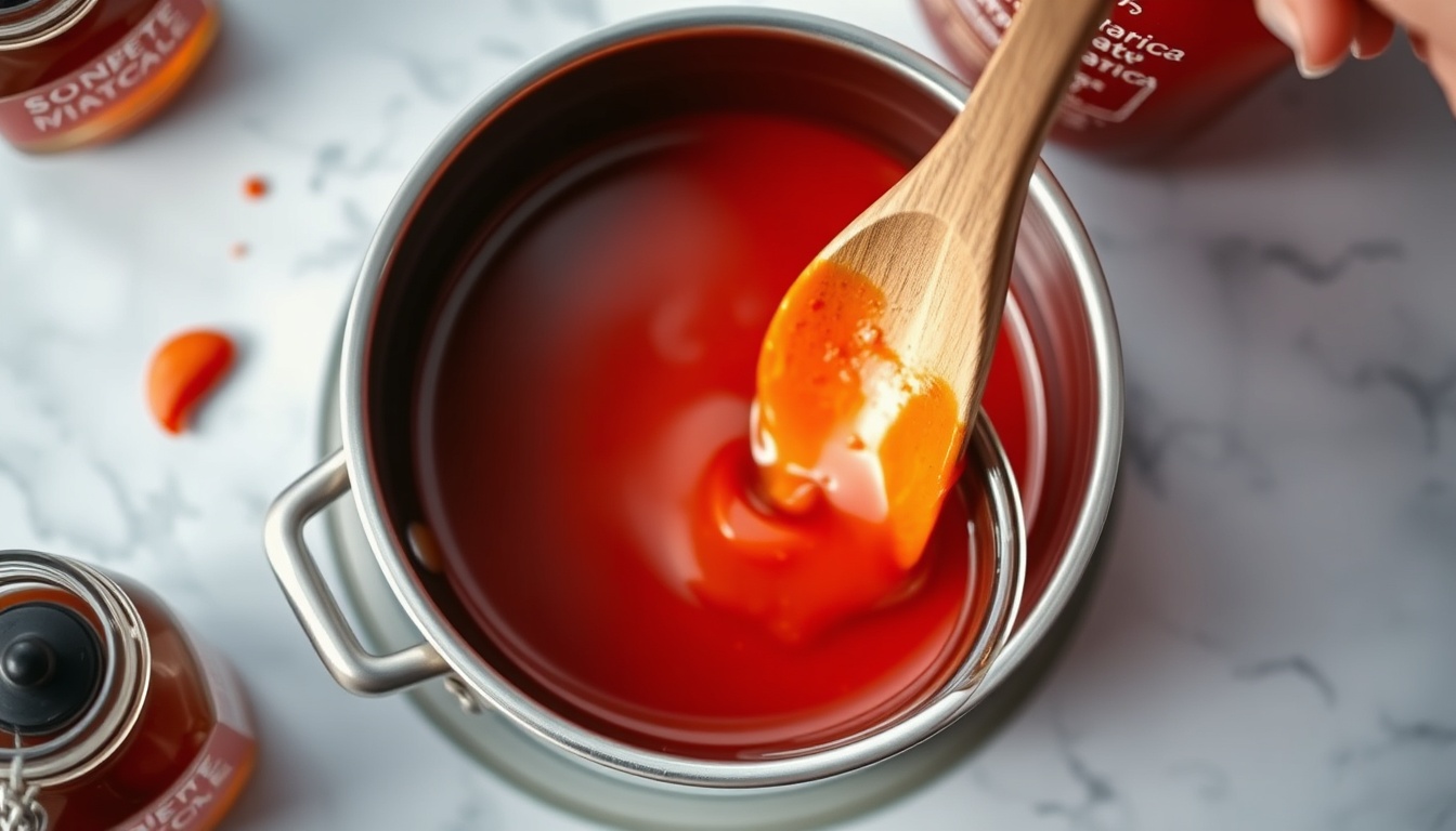 Close-up of glossy honey sriracha sauce in a small bowl with sesame seeds