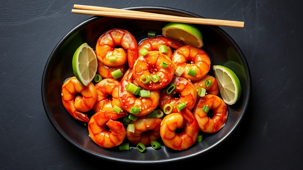 Dark ceramic platter of honey sriracha shrimp with sticky red-amber sweet-spicy glaze, sesame seeds, green onions, and lime wedges