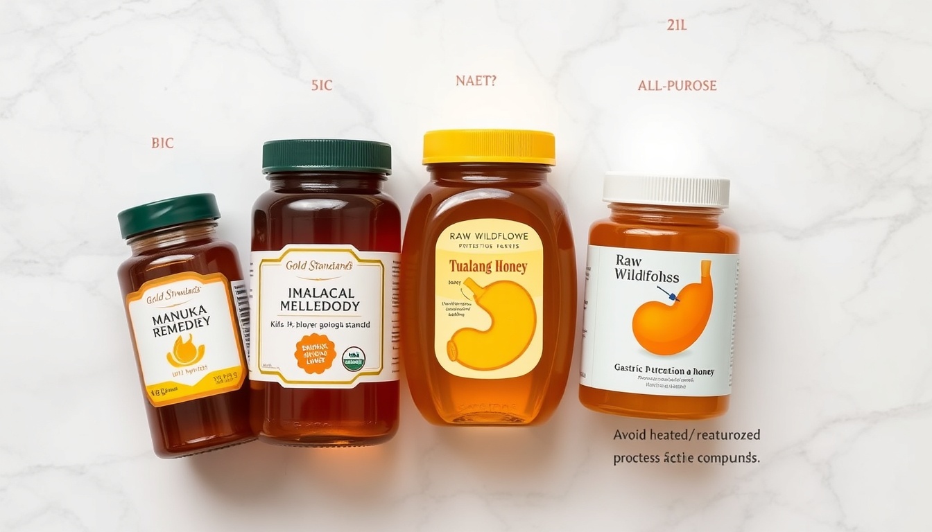 Best honey types for stomach ulcer support ranked by evidence: Manuka UMF 15+ (gold standard for H. pylori), raw wildflower, and Tualang honey with gastroprotective properties