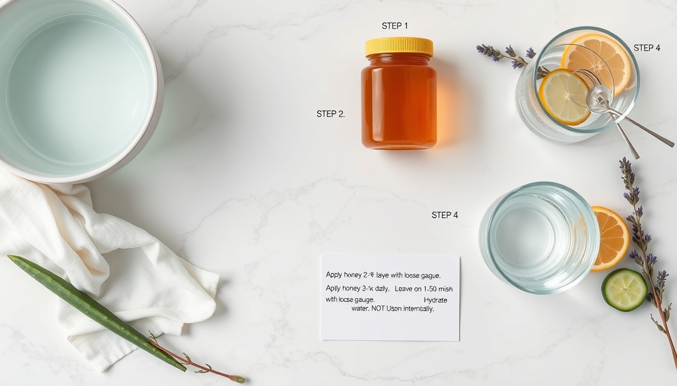 Step-by-step honey sunburn treatment supplies: cool water with cloth, Manuka honey jar, sterile gauze roll, and hydration glass — complete first aid setup on white marble