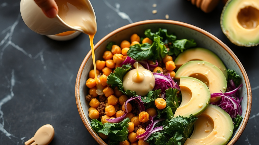 Creamy honey tahini dressing being drizzled from a ceramic pitcher over a vibrant kale and grain bowl with roasted chickpeas and avocado