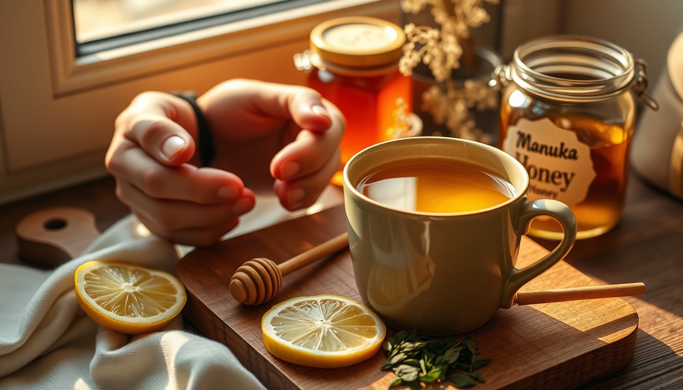 Hands warming around a ceramic mug of honey green tea with a raw honey jar and wooden dipper beside it in morning light
