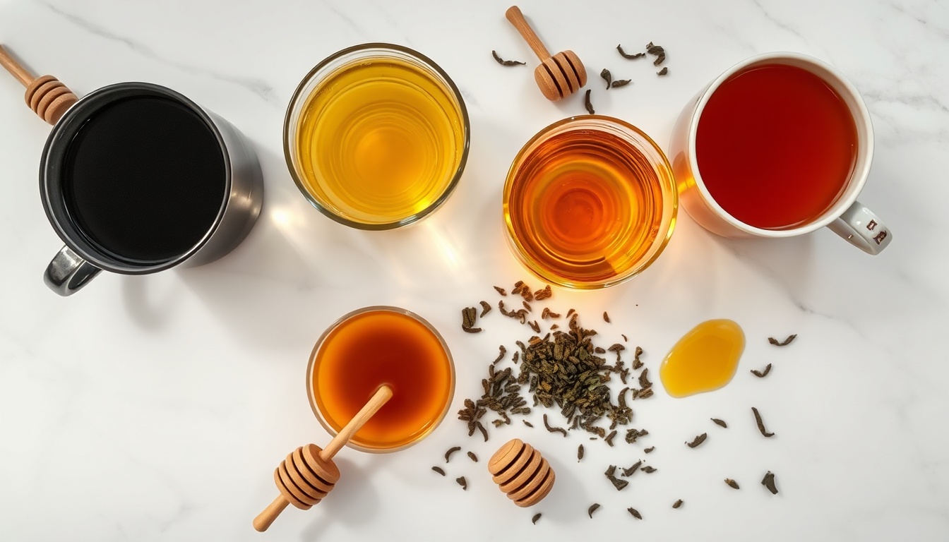 Four tea varieties with their matched honey types — black tea with buckwheat, green tea with acacia, chamomile with wildflower, chai with manuka