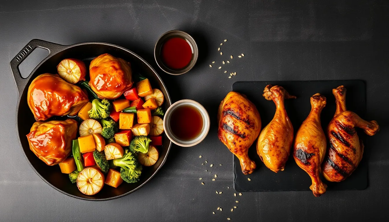 Four honey teriyaki chicken cooking variations: classic skillet, sheet pan with vegetables, grilled with pineapple, and slow cooker drumsticks