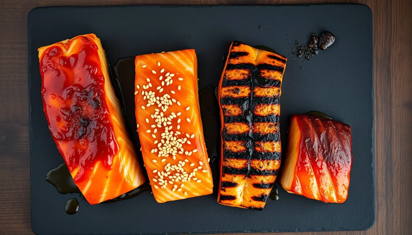 Honey teriyaki salmon cooked four ways: pan-seared, broiled, grilled, and baked