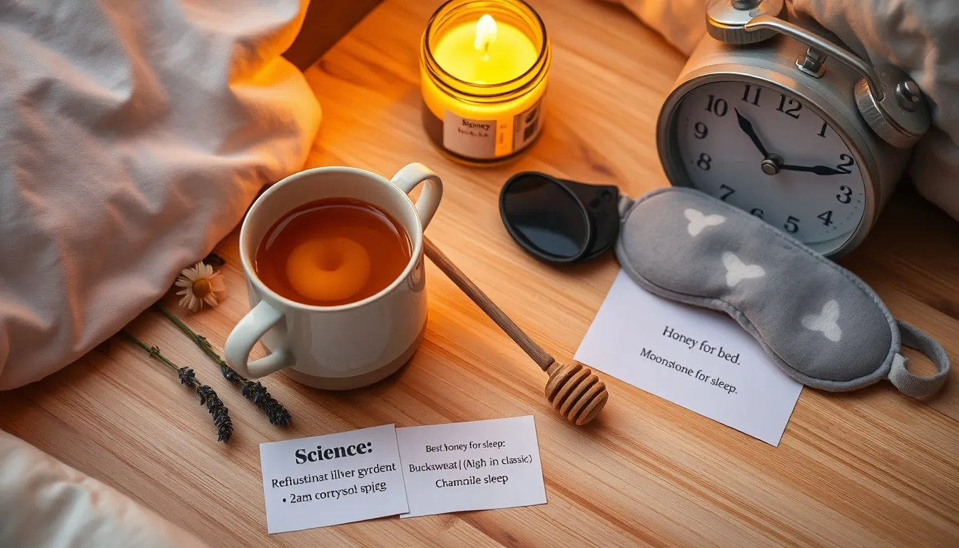 Honey before bed ritual: warm chamomile tea with honey swirl on a bedside table with lavender and candle — the 30-60 minute pre-sleep timing window for better sleep quality