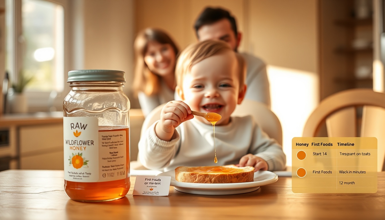 Happy toddler safely enjoying a small amount of honey on toast at a family breakfast table after reaching the 12-month milestone