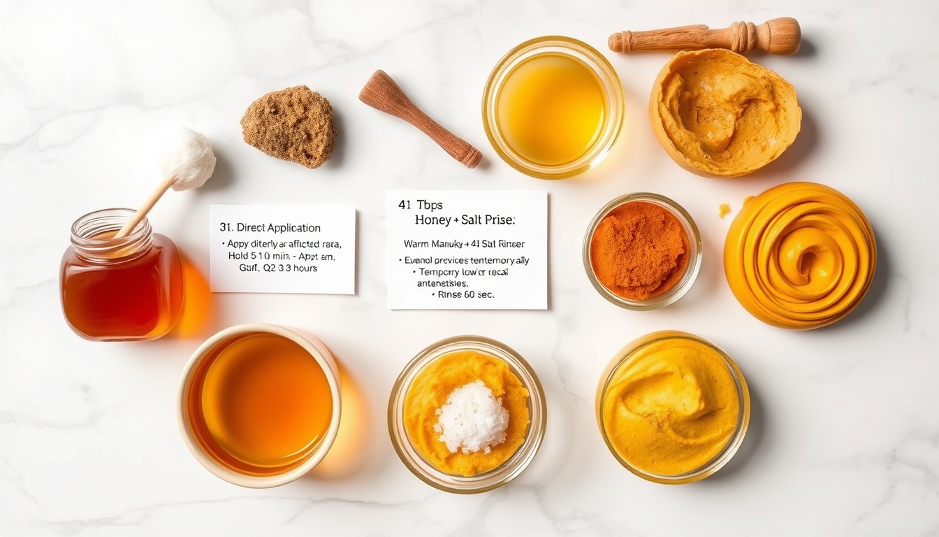 Five honey toothache remedies laid out — direct Manuka application, honey-clove paste, warm salt rinse, honey-turmeric paste, and honey-cinnamon compress with instruction cards on white marble