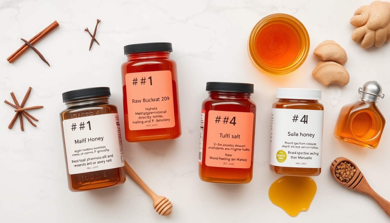 Best honey types for dental pain ranked — Manuka UMF 20+, buckwheat, thyme, and raw wildflower honey jars with clove and cinnamon dental health companions on white marble