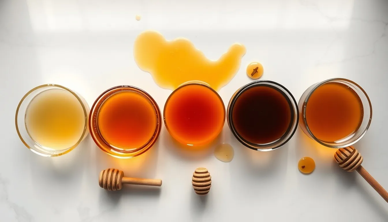 Five honey varieties in glass bowls showing color gradient from pale white acacia to near-black buckwheat