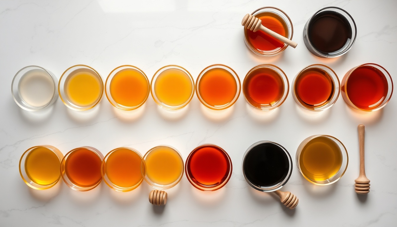 Twelve honey varieties arranged in a color gradient arc from water-white acacia to dark amber buckwheat on white marble