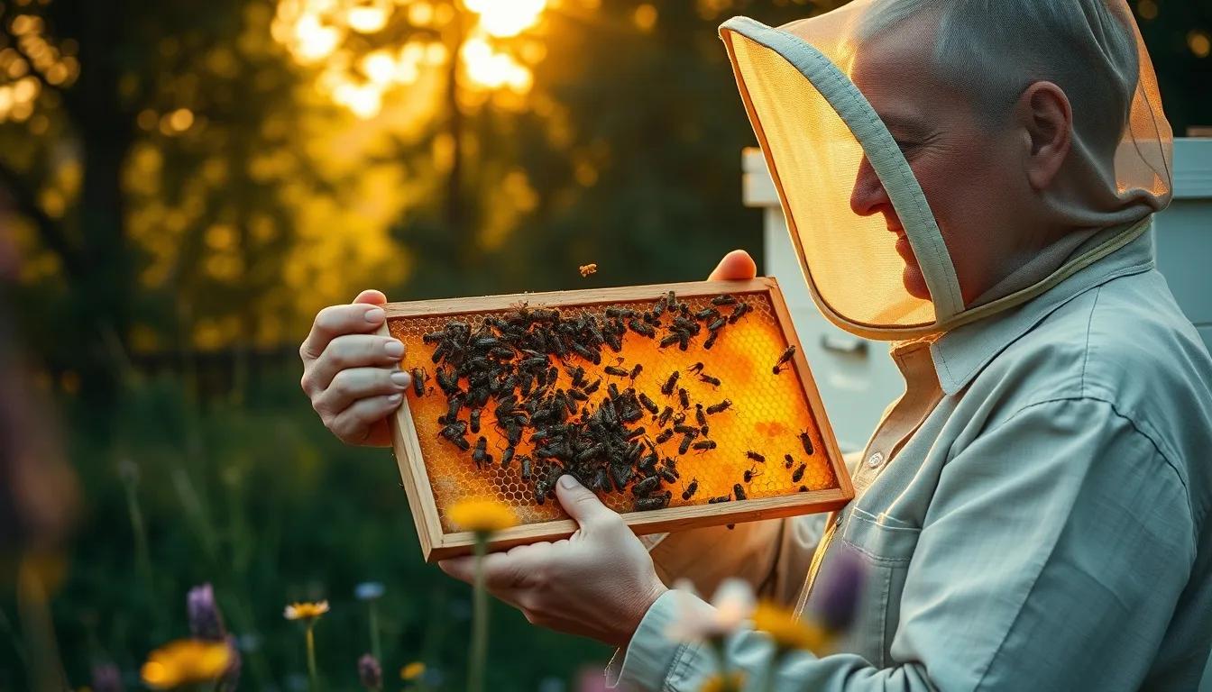 Small-scale beekeeper gently inspecting honeycomb frame showing the ethical dimensions of beekeeping and bee welfare