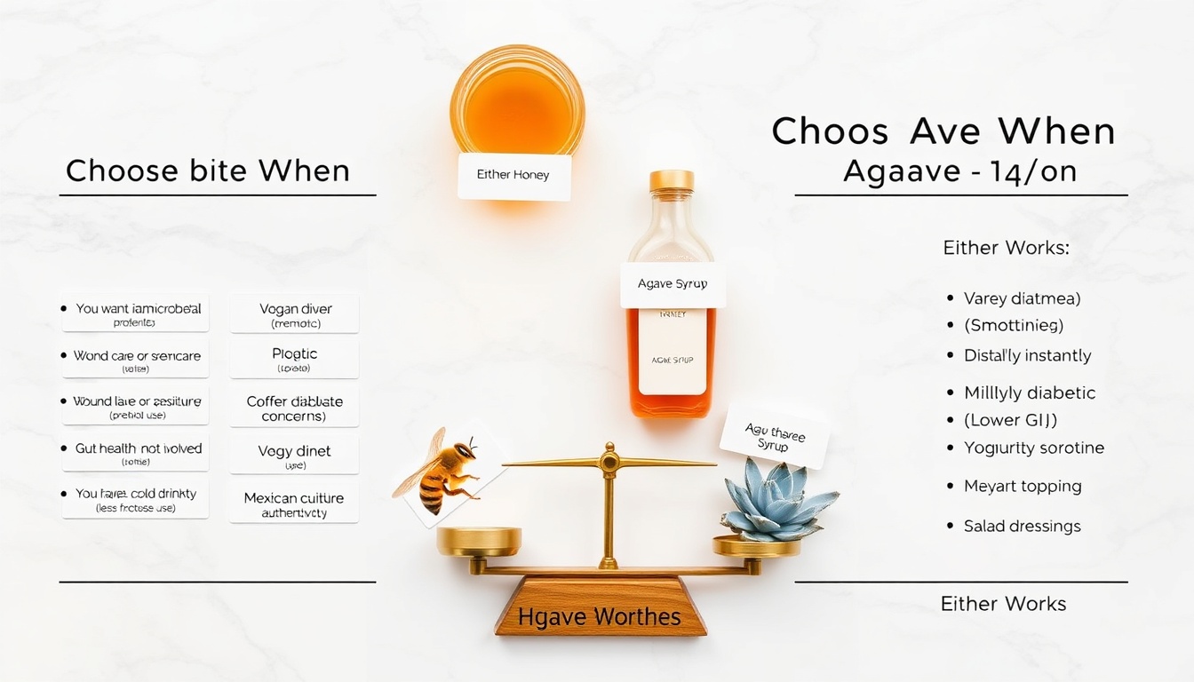 Decision guide showing when to choose honey vs agave: honey wins for antimicrobial, gut health, and nutrition; agave wins for vegan diets and cold beverage dissolving