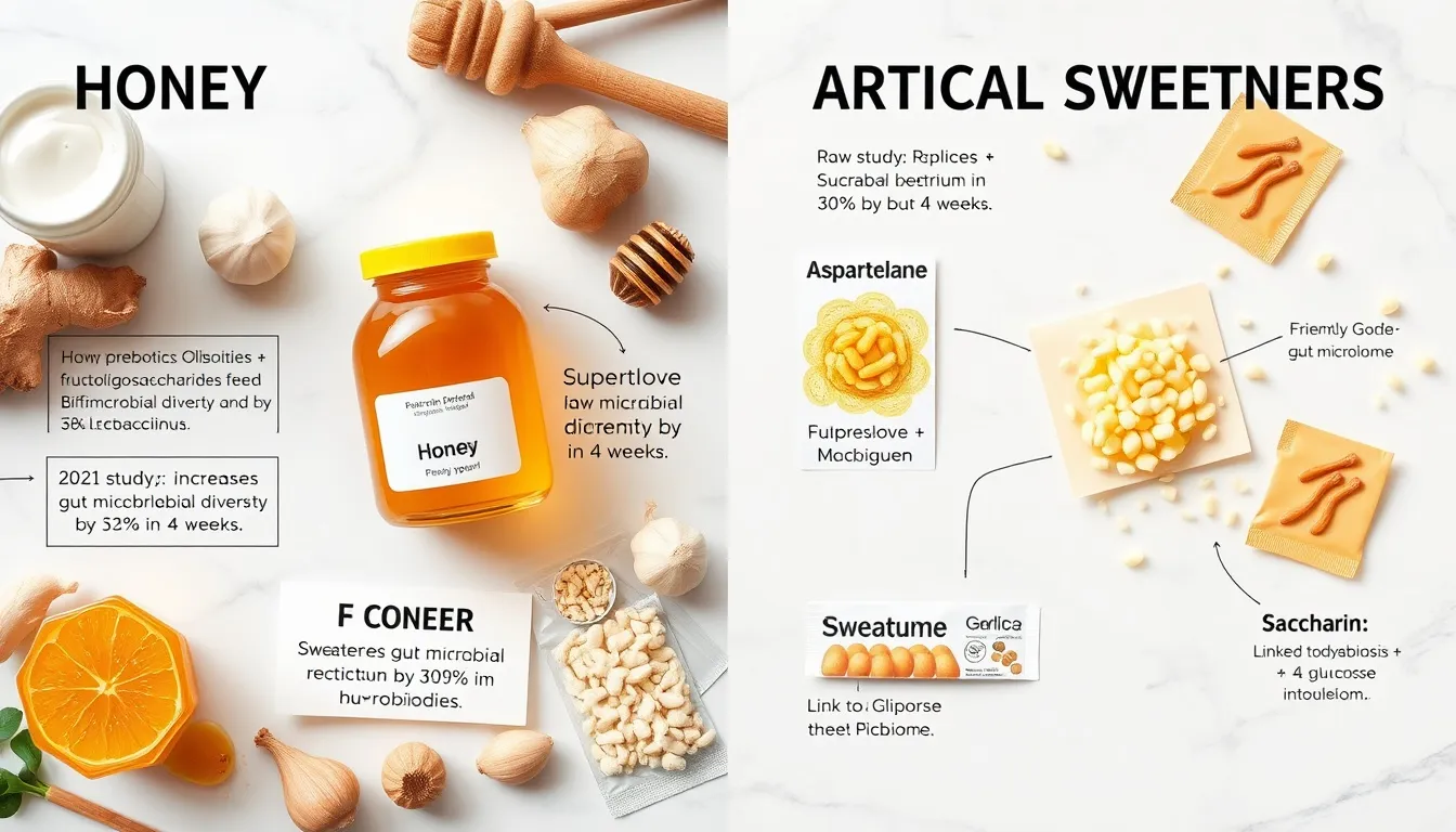 Gut health comparison: raw honey with prebiotic foods (kefir, ginger, garlic) vs artificial sweetener packets showing their opposite effects on gut microbiome diversity and Bifidobacterium populations