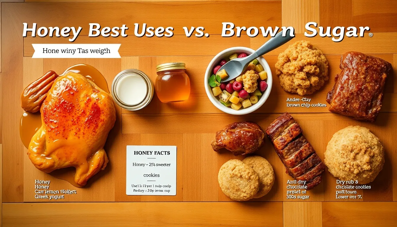 Honey glazes and marinades alongside brown sugar cookies and caramel sauces on warm wooden surface