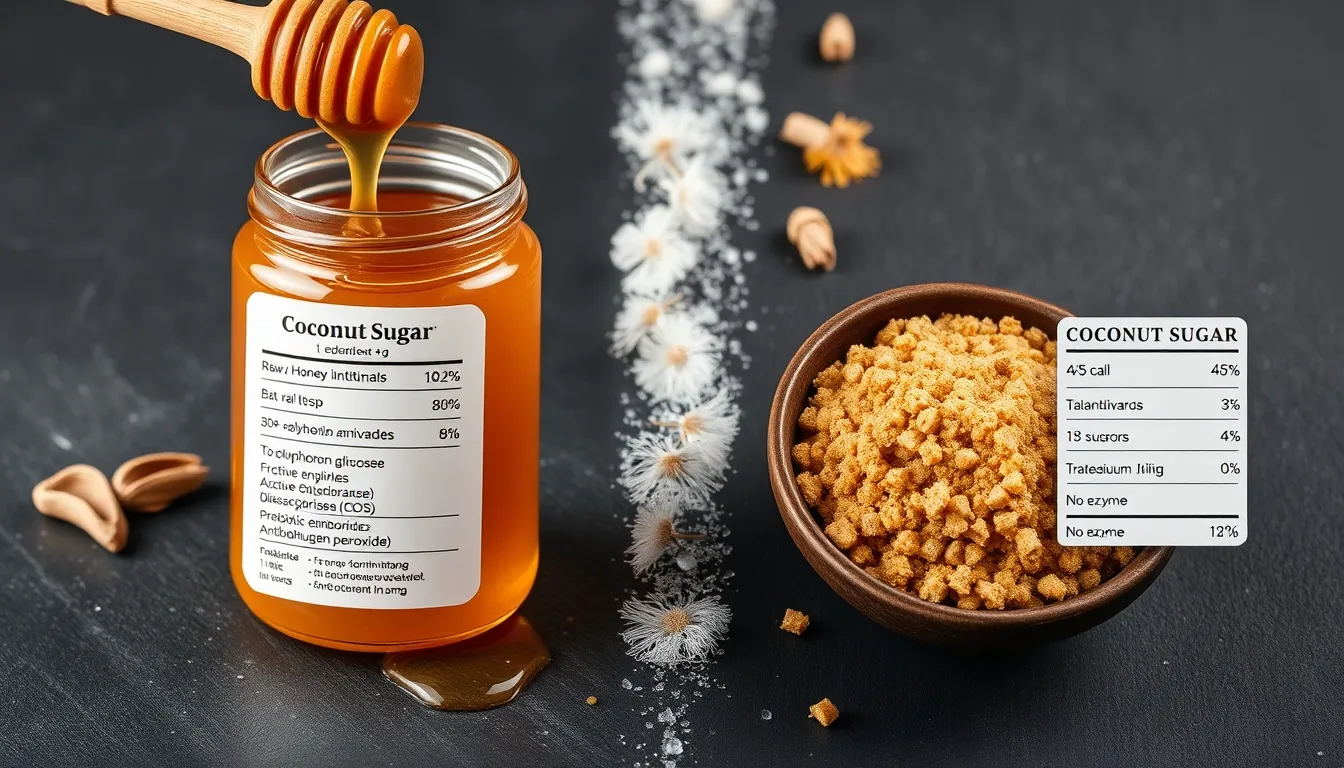 Dramatic split comparison of golden raw honey jar versus wooden bowl of coconut sugar with nutrition fact cards on dark slate surface
