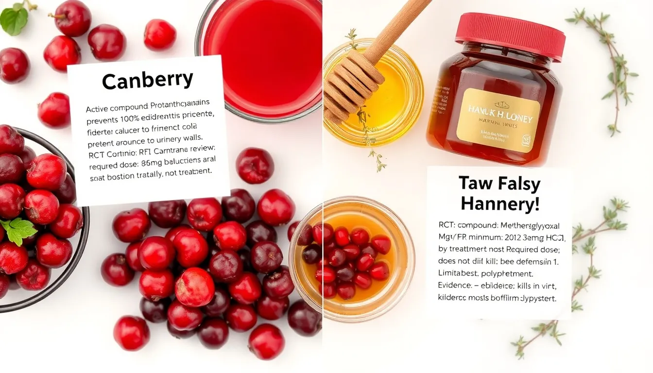 Evidence-based comparison of honey versus cranberry for UTI prevention showing different mechanisms — honey for antimicrobial action, cranberry for bacterial adhesion prevention