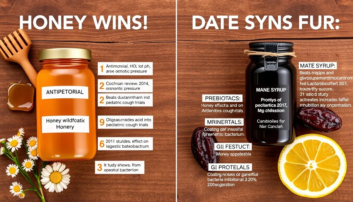 Honey vs date syrup health benefits comparison — golden honey jar with antimicrobial and prebiotic evidence cards versus dark date syrup with mineral and vegan certification cards on rustic wood