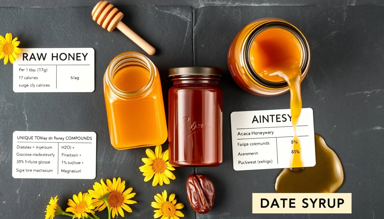 Honey vs date syrup nutritional comparison on dark slate — golden honey jar with polyphenol and enzyme cards versus dark date syrup jar with mineral data cards, VS badge center