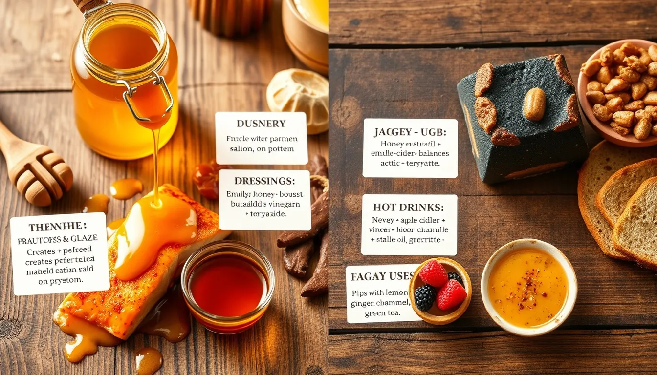 Honey vs jaggery cooking uses split flat lay — golden honey jar with honey-glazed salmon, salad dressing, and tea versus dark jaggery block with Indian kheer, masala chai, and sweets on rustic wood
