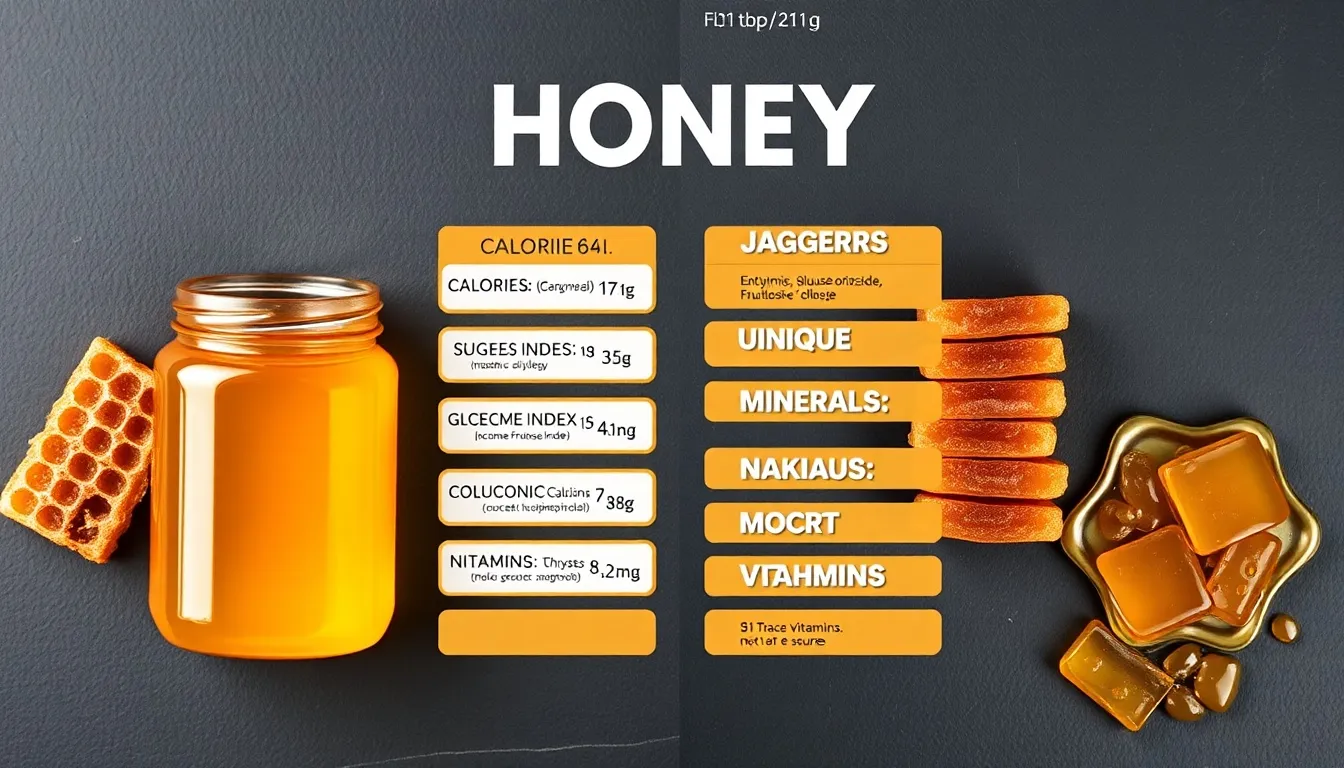Honey vs jaggery nutritional comparison on dark slate — golden honey jar with polyphenol and enzyme data cards versus dark jaggery block with iron 15% DV and mineral advantage cards, VS badge center