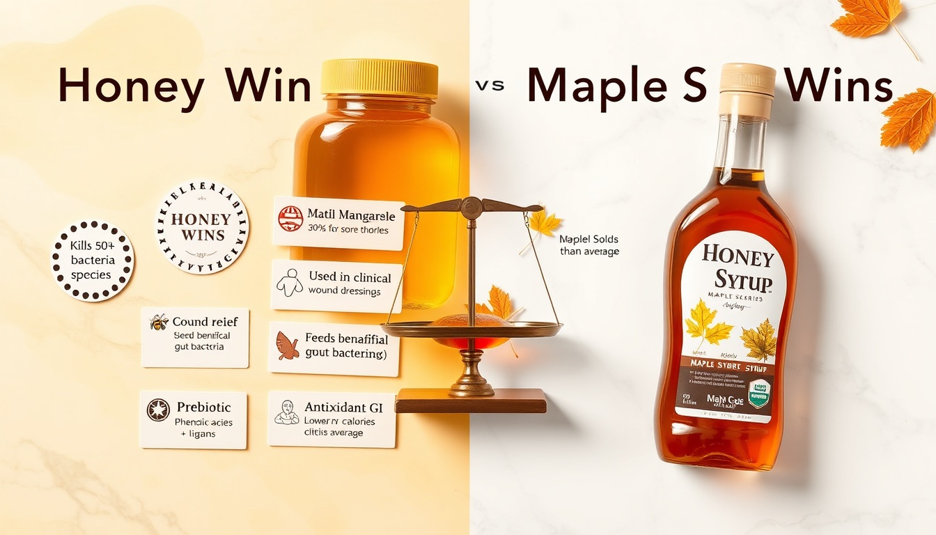 Side-by-side comparison of honey and maple syrup health benefits — honey wins for antimicrobial, cough relief, wound care, and prebiotics; maple syrup wins for minerals and lower calories