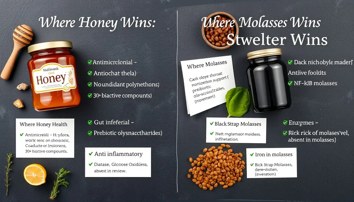 Honey vs molasses: antimicrobial, antioxidant, cough relief benefits vs blackstrap iron, calcium, potassium mineral density