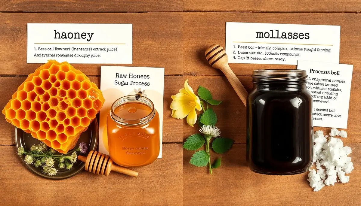 Honey vs molasses production: bee-enzyme honeycomb with wildflowers vs sugarcane refining yielding mineral-rich blackstrap