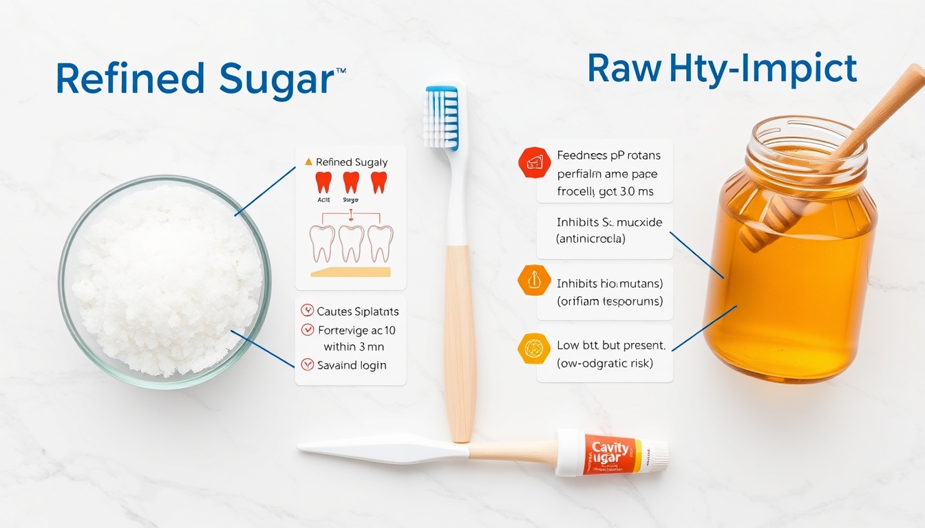 Honey vs refined sugar dental impact comparison: refined sugar feeds cavity bacteria aggressively, while raw honey has antibacterial compounds that partially offset its sugar content