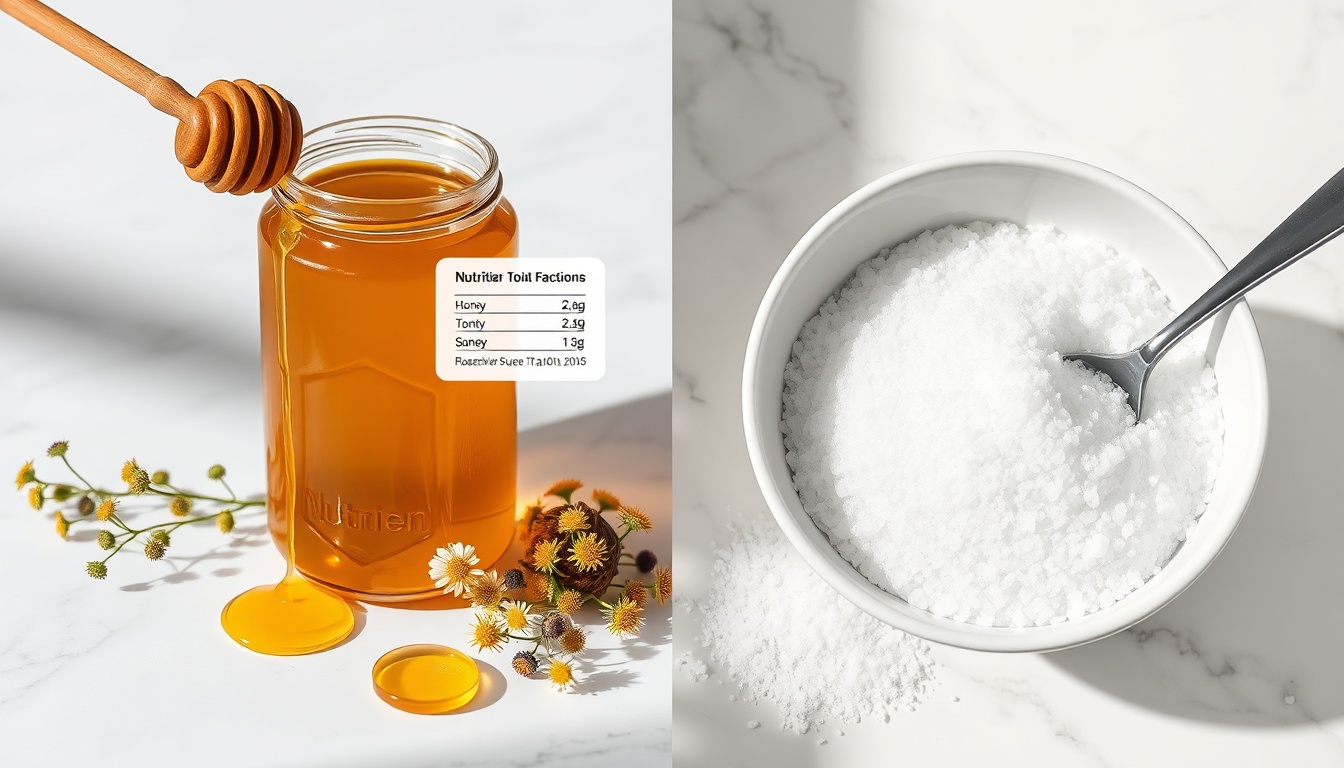 Raw honey jar with wooden dipper and wildflowers beside white bowl of refined sugar, contrasted on dark surface