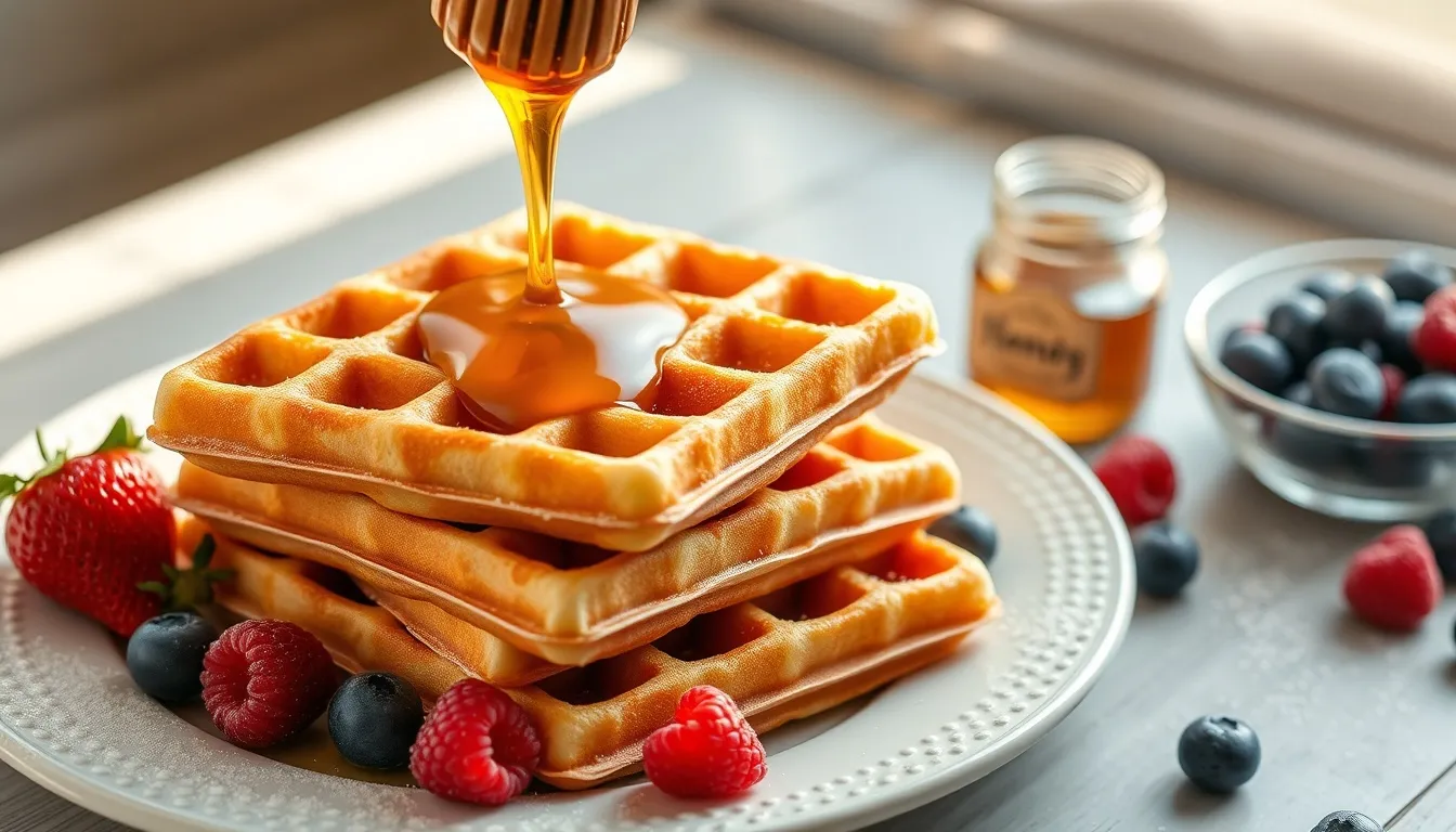 Golden crispy honey waffles with honey drizzle and fresh berries, steam rising from the hot waffles