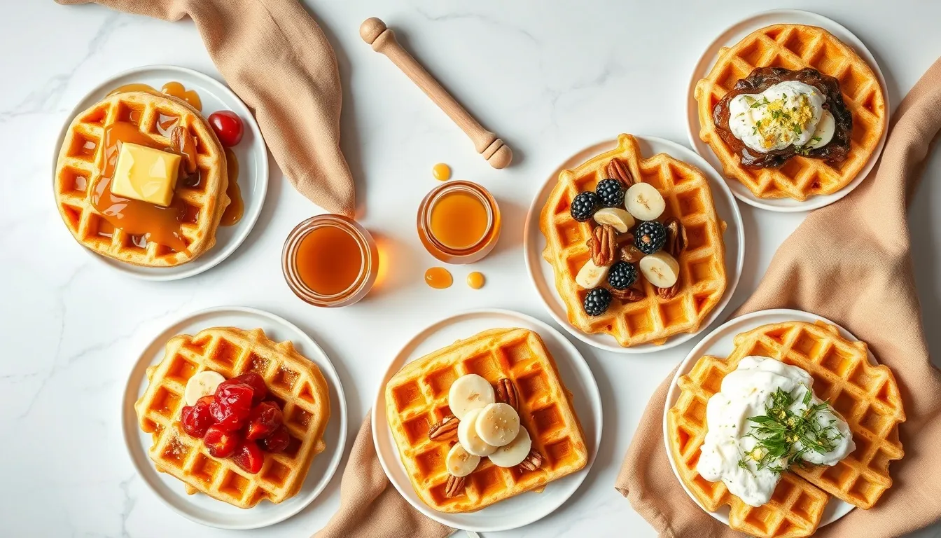 Five honey waffle variations including berry compote, banana foster, lemon ricotta, and savory honey goat cheese