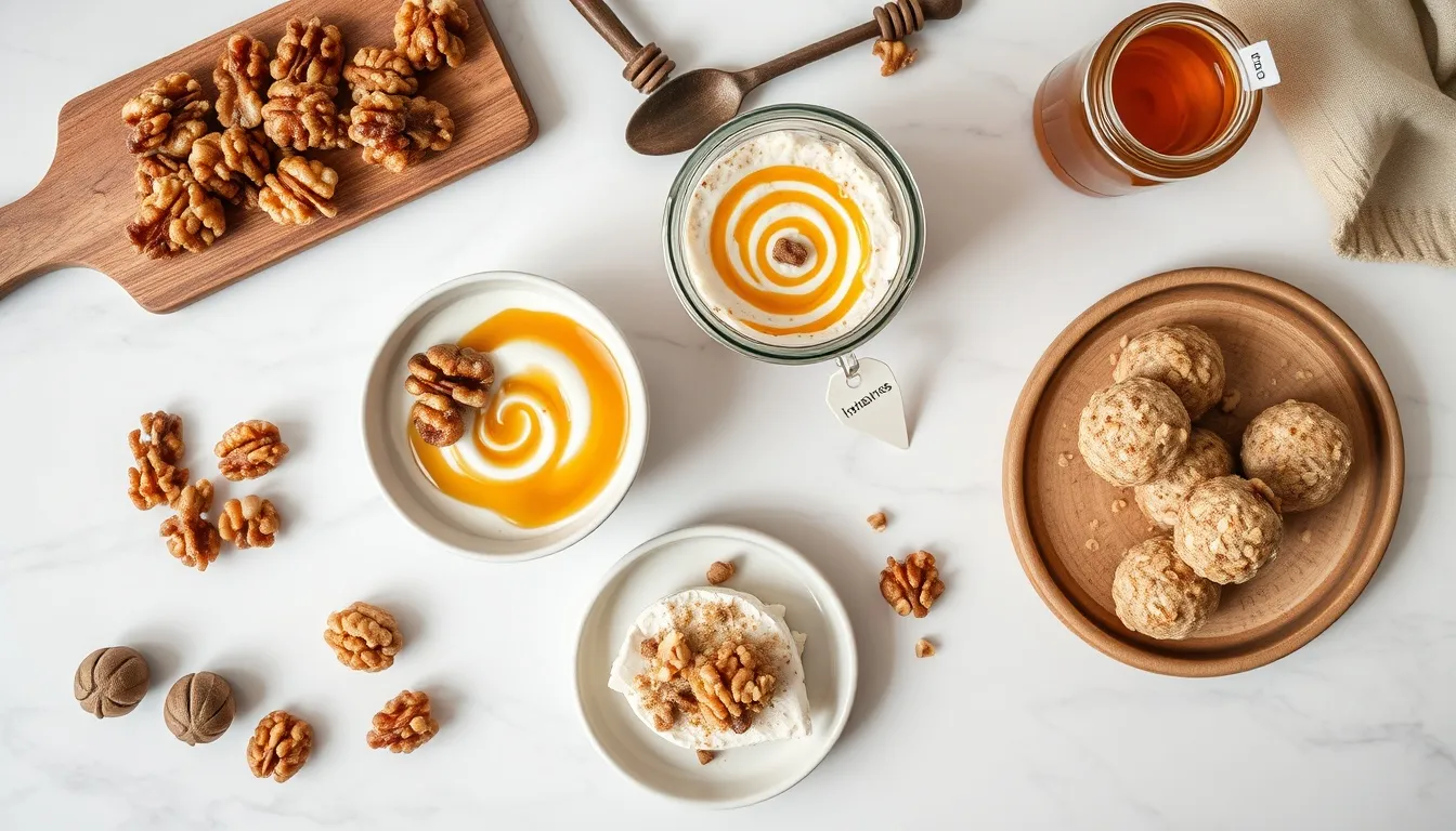Five honey-walnut recipe preparations: glazed walnuts, yogurt bowl, overnight oats, cheese board, and energy bites