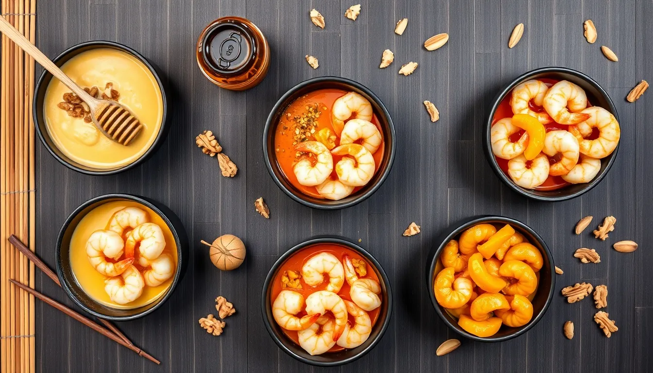 Four honey walnut shrimp flavor variations — classic, spicy, coconut, and sesame — in vibrant bowls