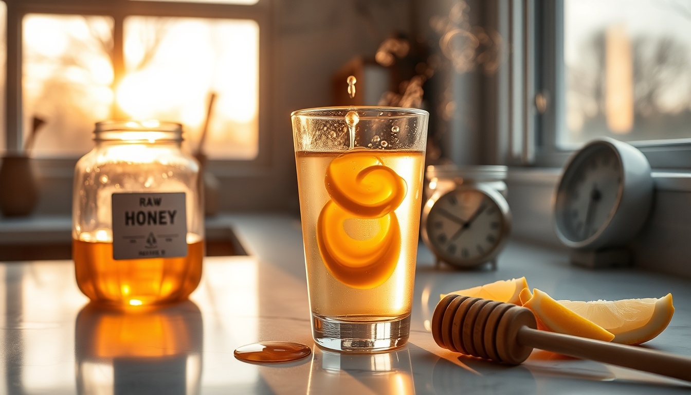 Warm honey water with amber swirl in golden sunrise light, raw honey jar and lemon beside it, thermometer showing 104°F