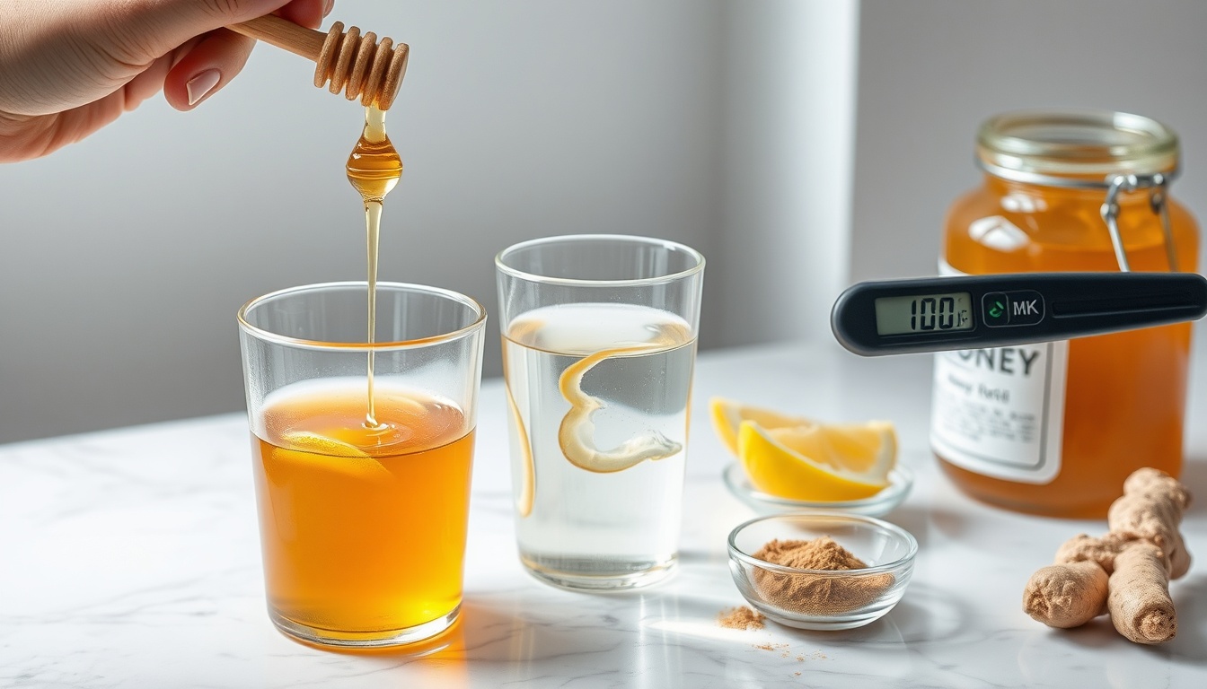 Proper honey water preparation showing a tablespoon of raw honey dissolving in warm water at the right temperature, with a thermometer and fresh lemon on marble