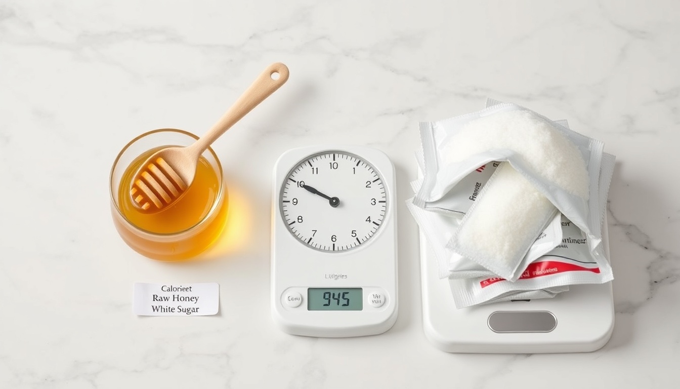 Clean editorial comparison showing a measured tablespoon of golden raw honey versus refined white sugar and artificial sweetener packets, with a kitchen scale on white marble surface